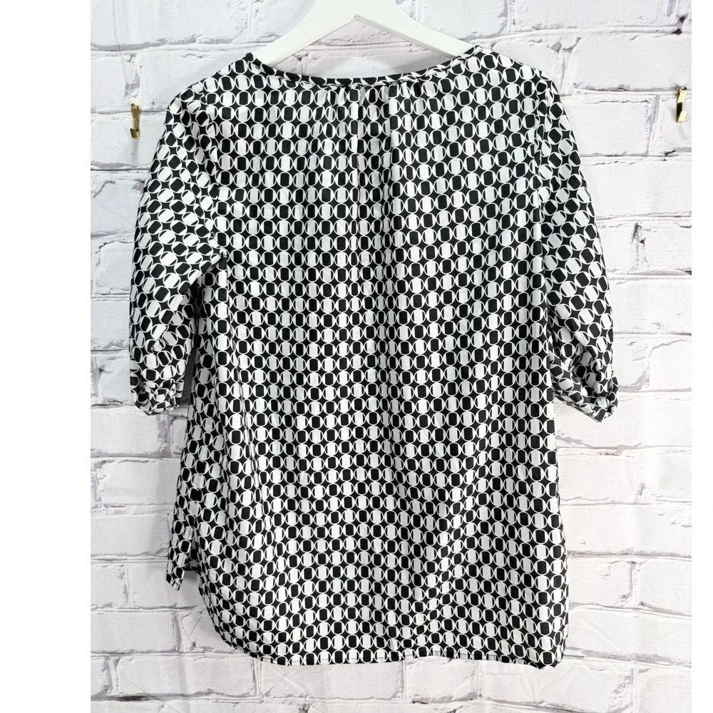 Michael Kors Blouse Women S Black White Geometric Print Roll Tab Sleeve Mod Top